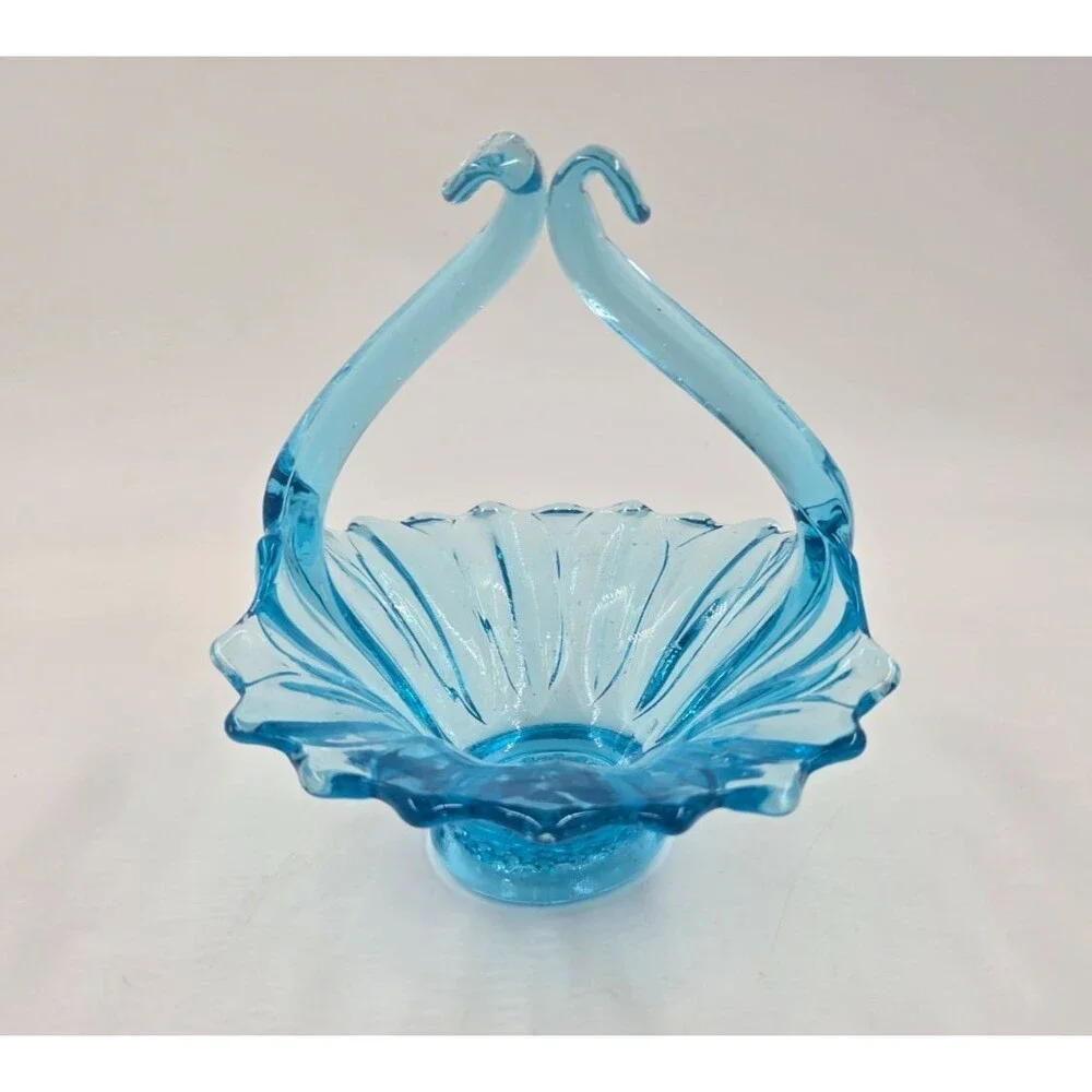 Murano ? Art Glass Blue Pulled Handle Basket Dish Vase Italy STUNNING COLOR